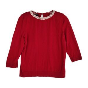 Talbots Petites Sweater Women's LP Red Pearl Neckline 3/4 Sleeves Lightweight
